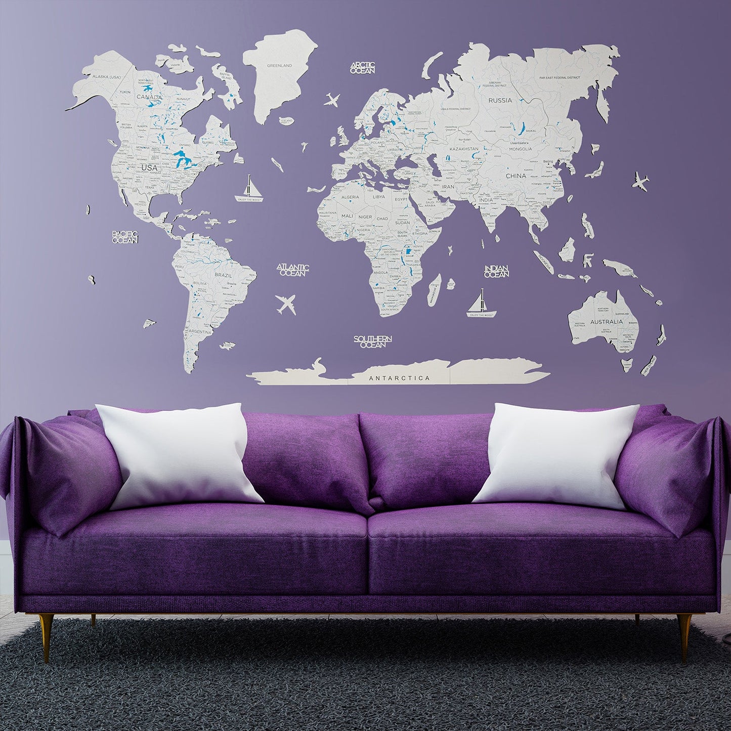 Wood World Map in White - Unique New Year gift idea for marking travel adventures.