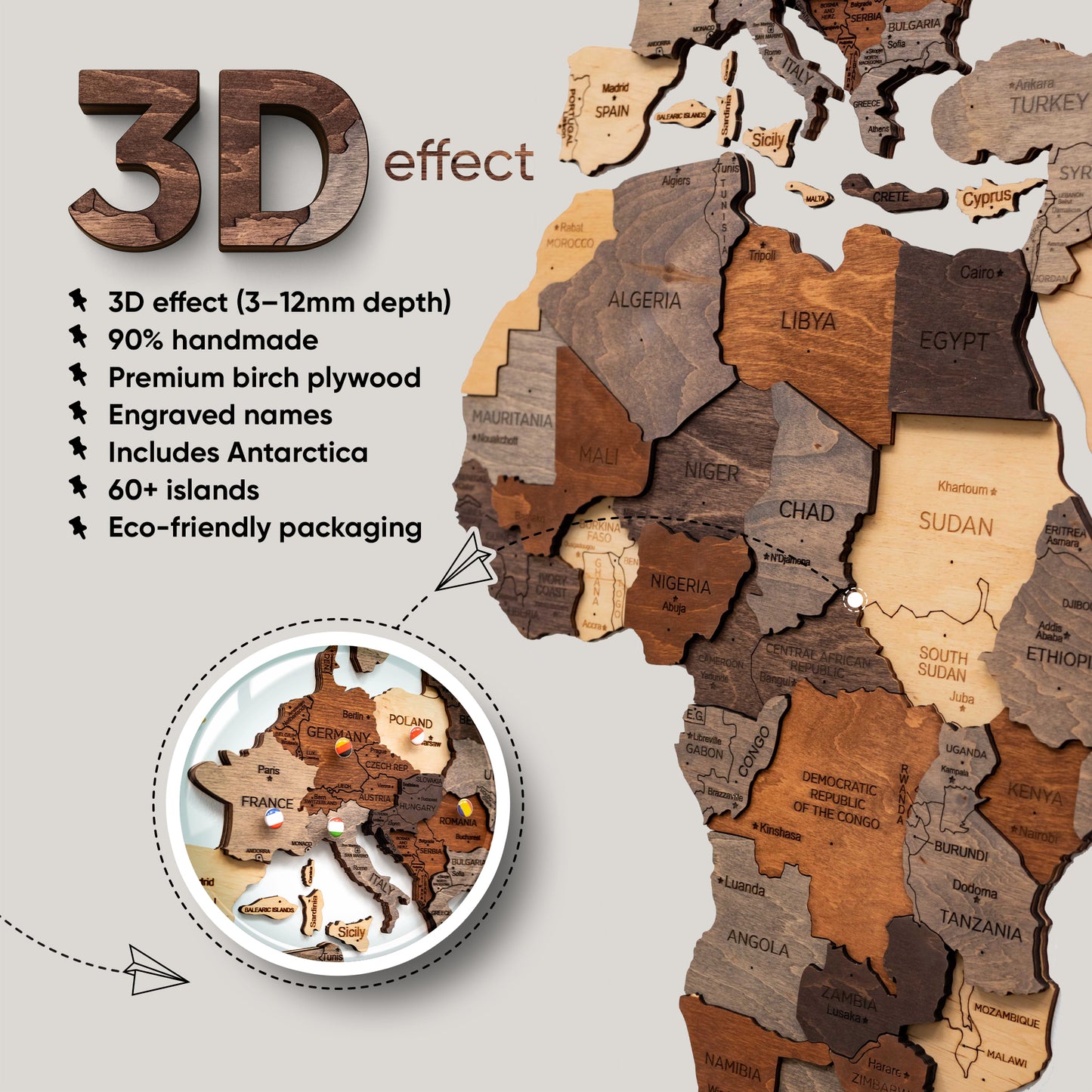3D Wooden World Map - Multicolor