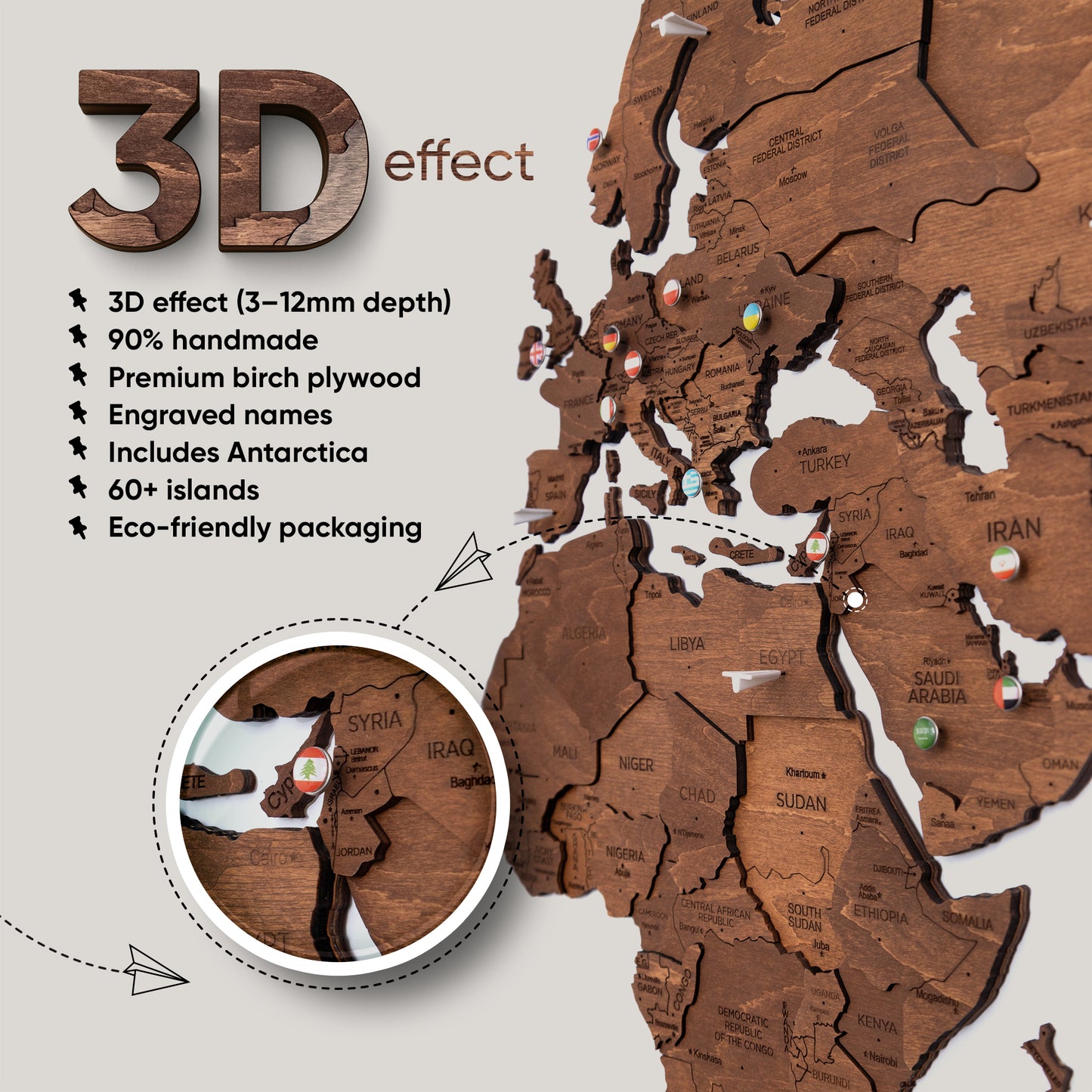 3D Wooden World Map - Oak