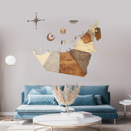 3D Wooden UAE Map Multicolor - Vibrant wall art for Emirati homes and offices.