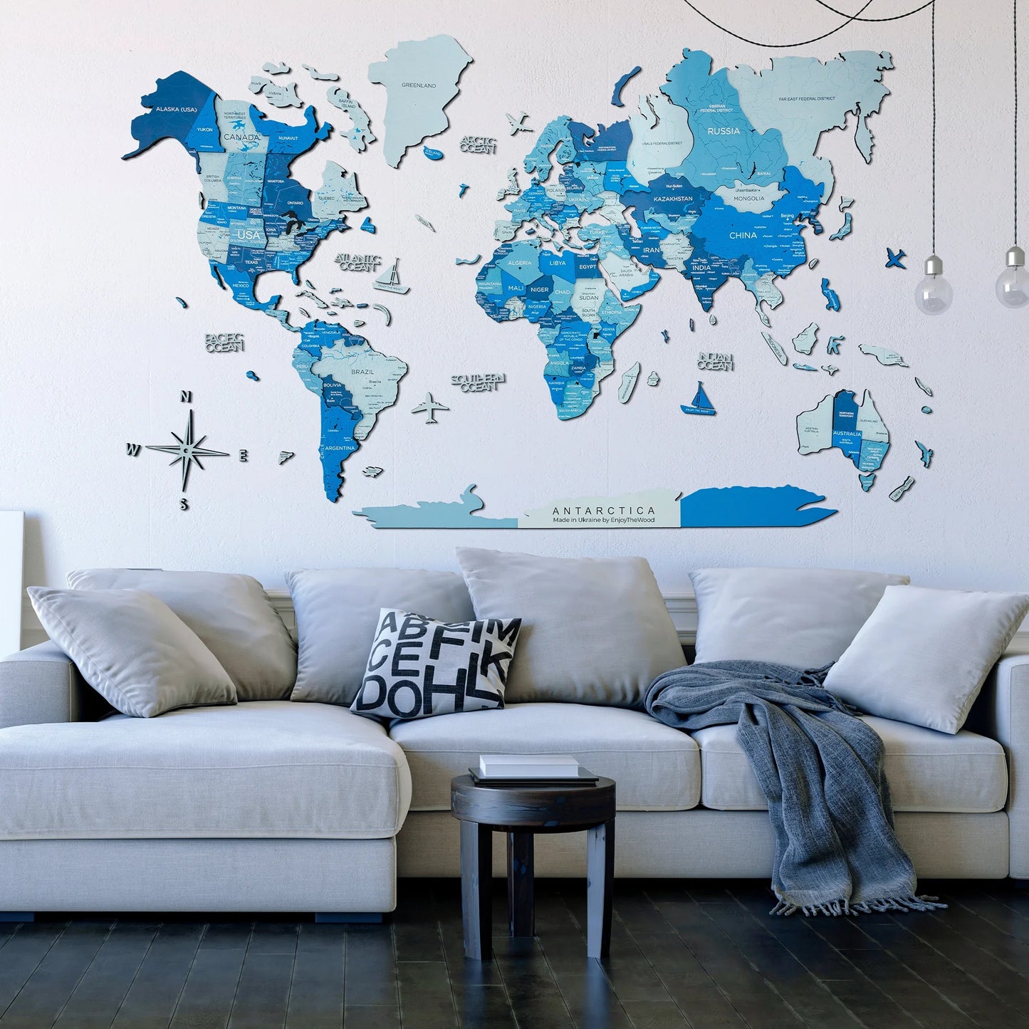 Wood World Map Azure - Stylish glowing decor for homes and offices.