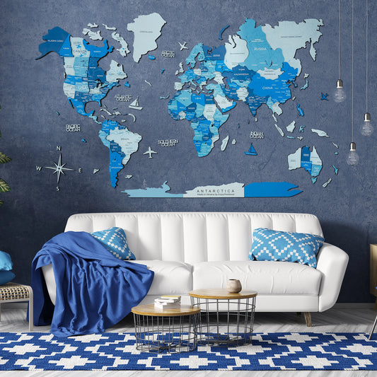 3D Wooden World Map Azure - Elegant wall decor for travel enthusiasts.