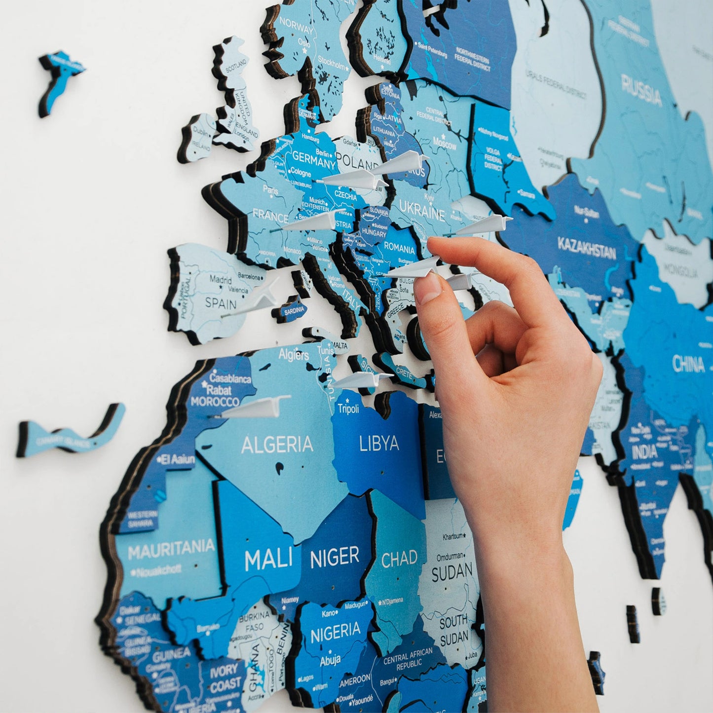 Azure Wooden World Map - Premium wall art for marking adventures.