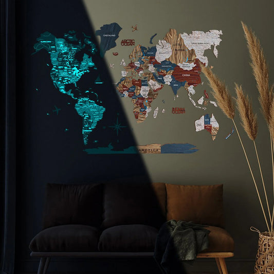 3D Luminous Wooden World Map Boho - Unique glowing decor for travel enthusiasts.