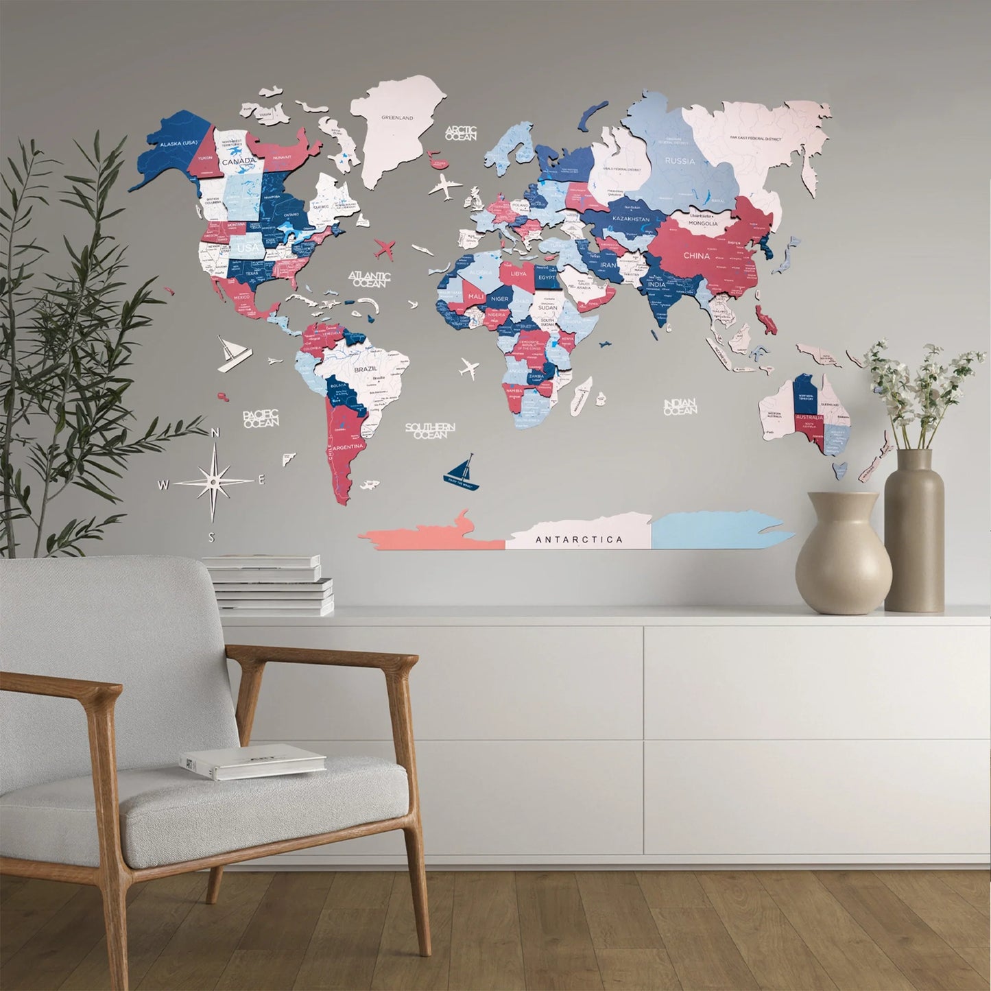 Bubble Gum Wooden Map - Sophisticated decor for Valentine’s Day or New Year.
