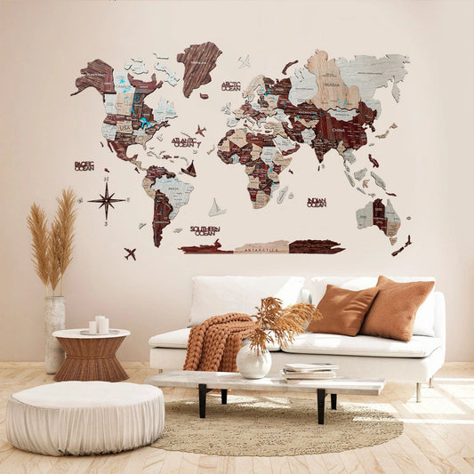 3D Wooden World Map Cappuccino - Elegant wall decor for travel enthusiasts.