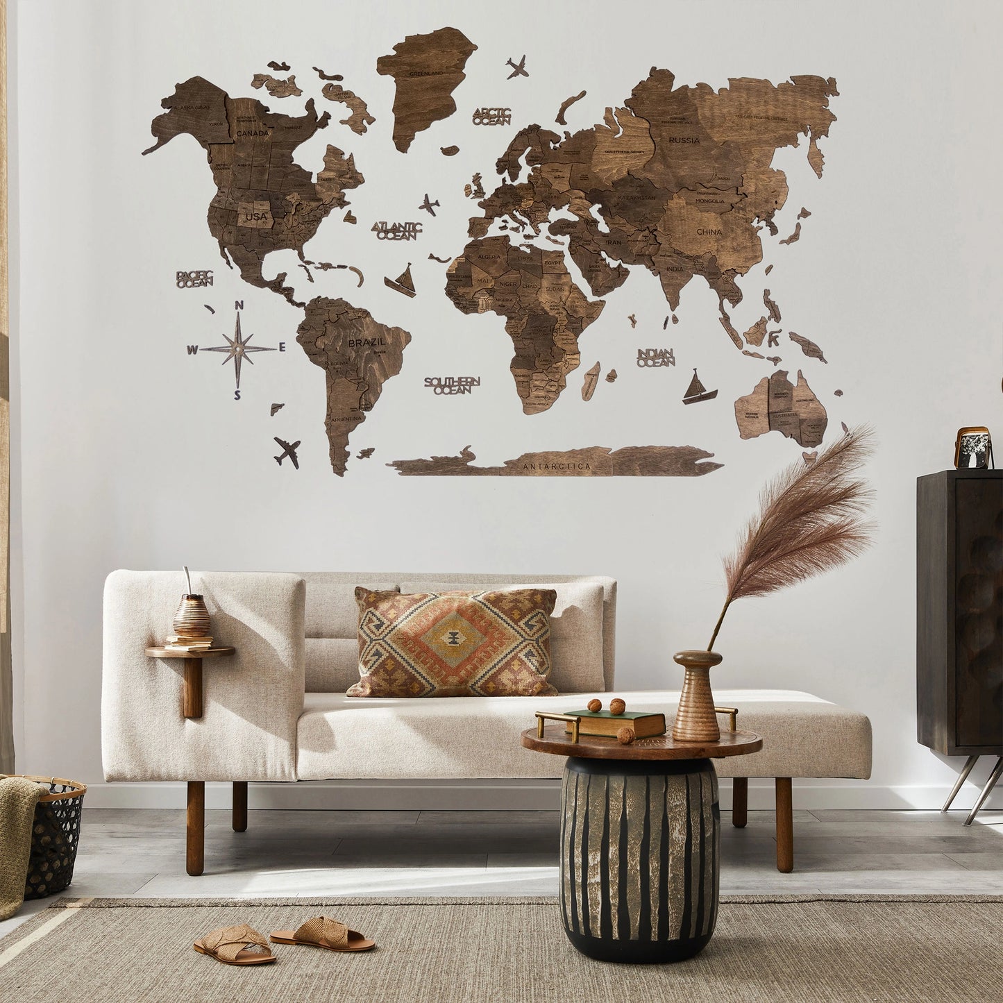 3D Wooden Map Dark Walnut - Premium Office Decor