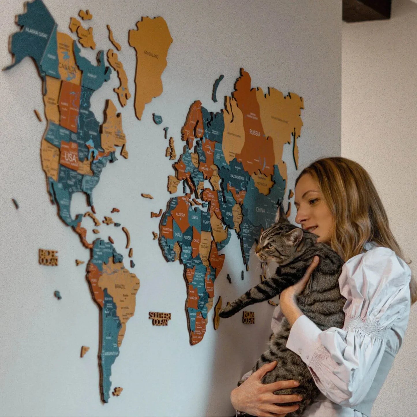 Wood World Map Indie - Stylish glowing decor for homes and offices.