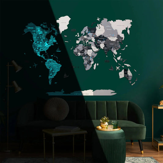 3D Luminous Wooden World Map Nordik - Unique glowing decor for travel enthusiasts.