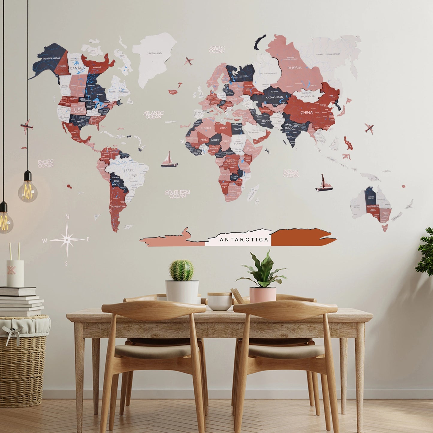 3D Wooden World Map Rustic - Elegant wall decor for travel enthusiasts.