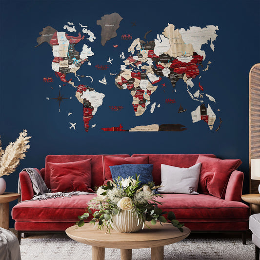 3D Wooden World Map Urban - Elegant wall decor for travel enthusiasts.