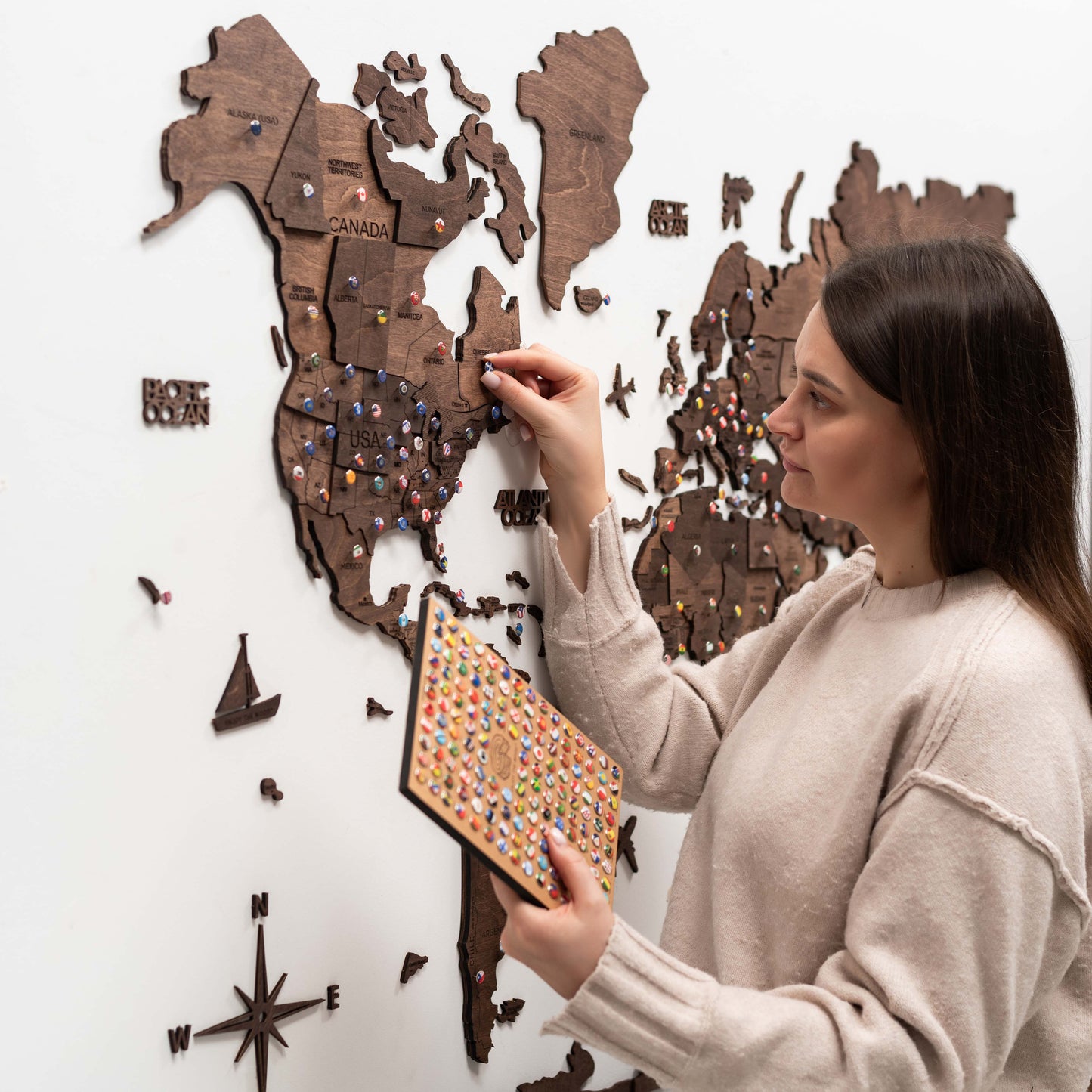 3D World Map Dark Walnut - Artistic Travel-Inspired Decor