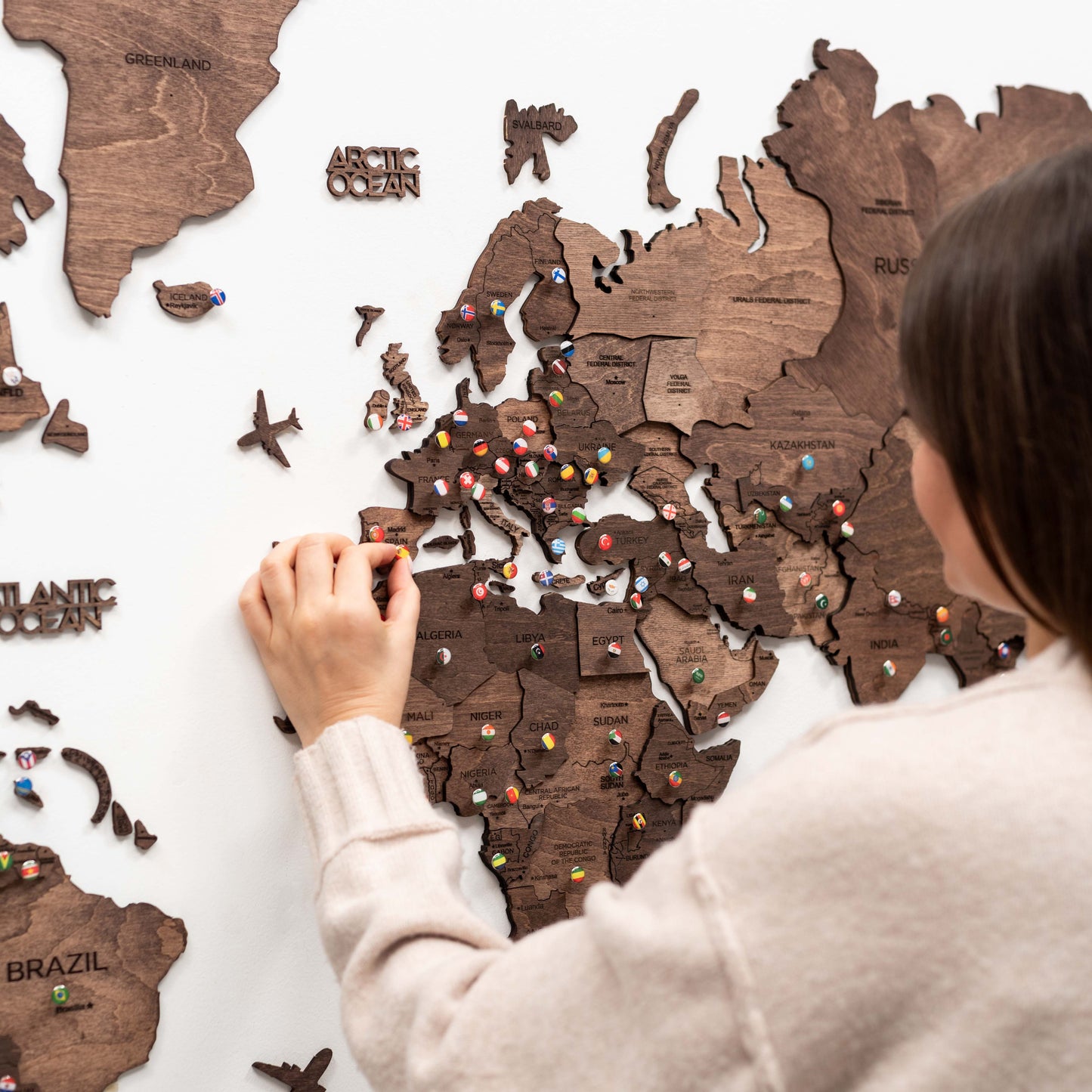 Handcrafted Dark Walnut Wooden Map - Unique Gift for Travelers