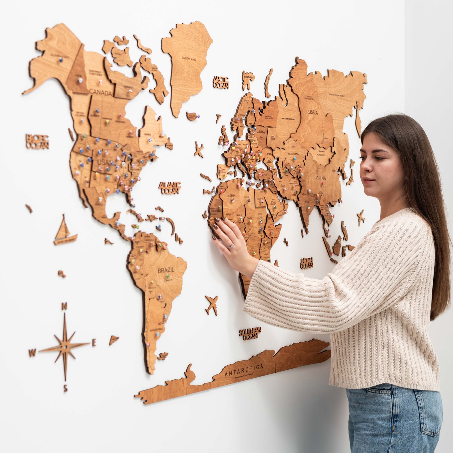 3D Wooden World Map - Oak