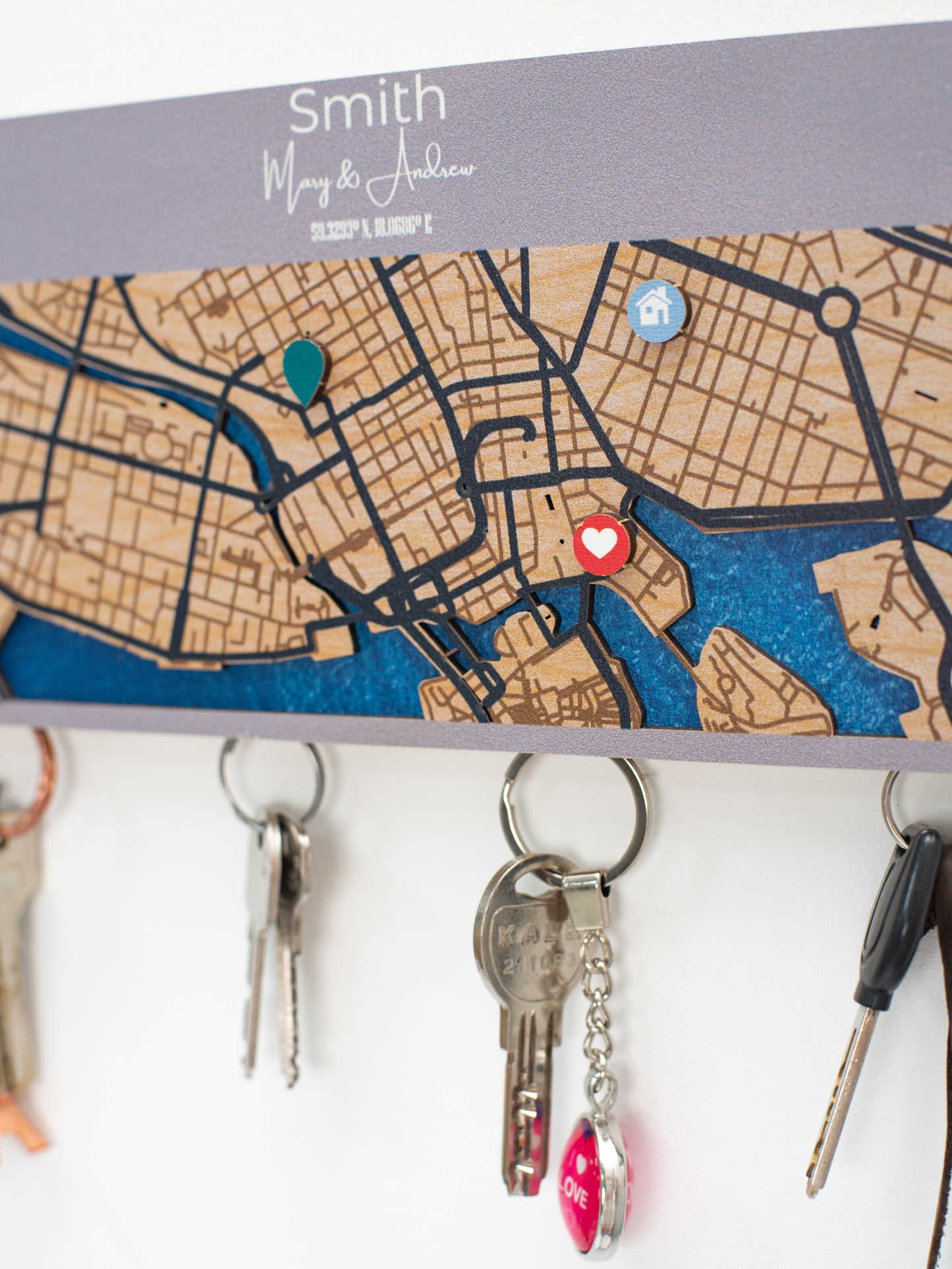 Wooden special marks – unique home, wedding, and travel icons for map personalization