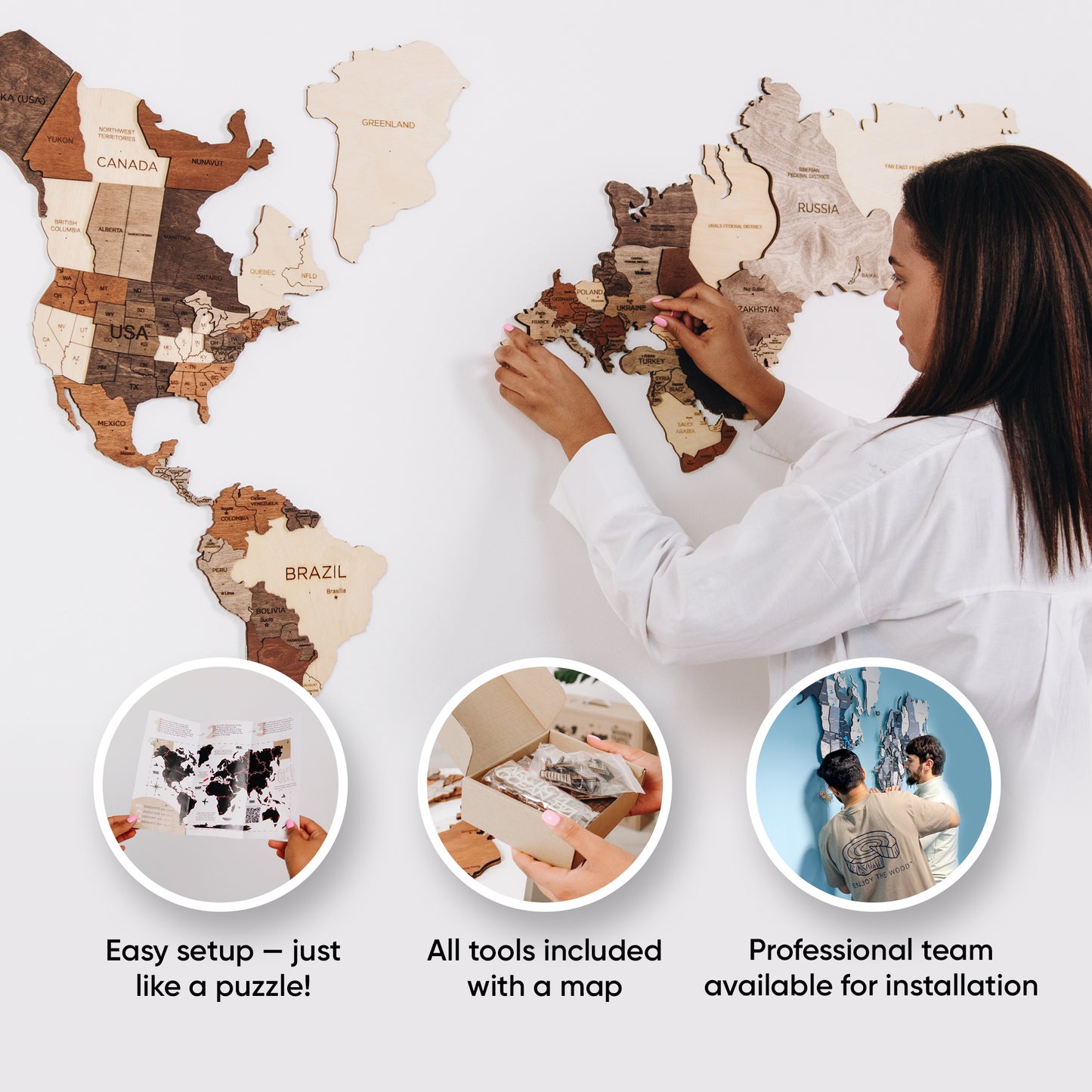 3D Wooden World Map - Multicolor