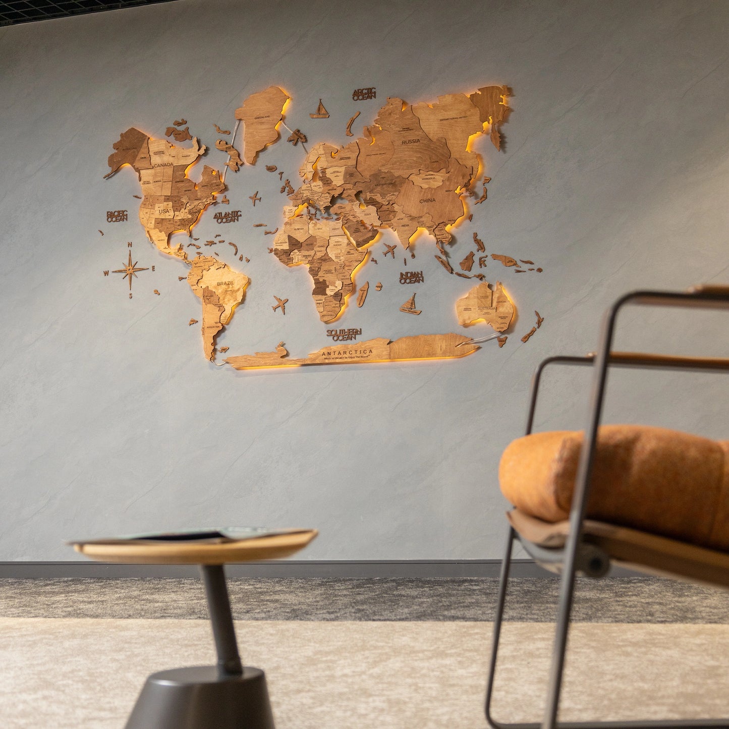 3D LED Wooden World Map Oak - Elegant illuminated decor for modern settings.
