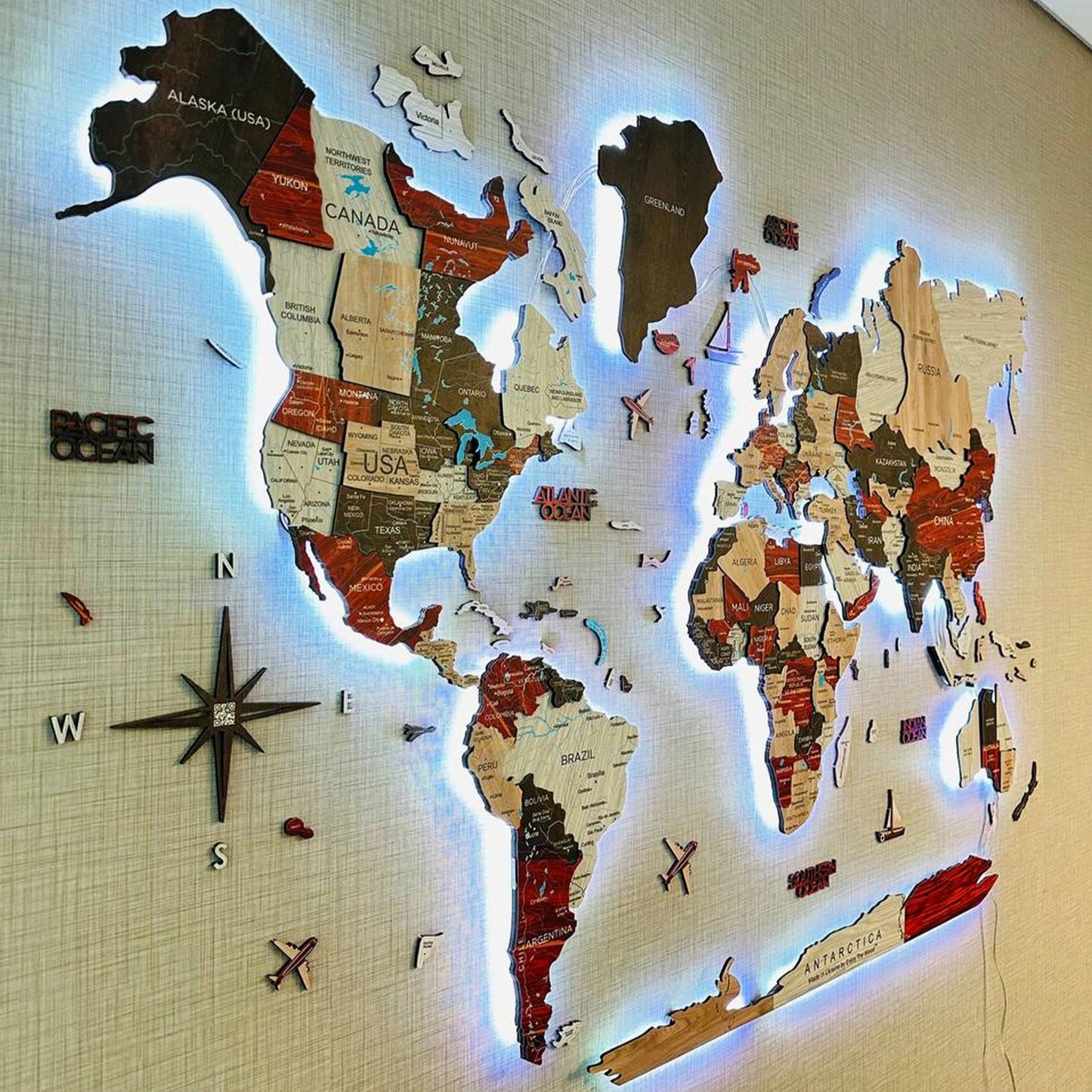 Urban LED Wooden Map - Unique glowing wall art for classrooms and schools.