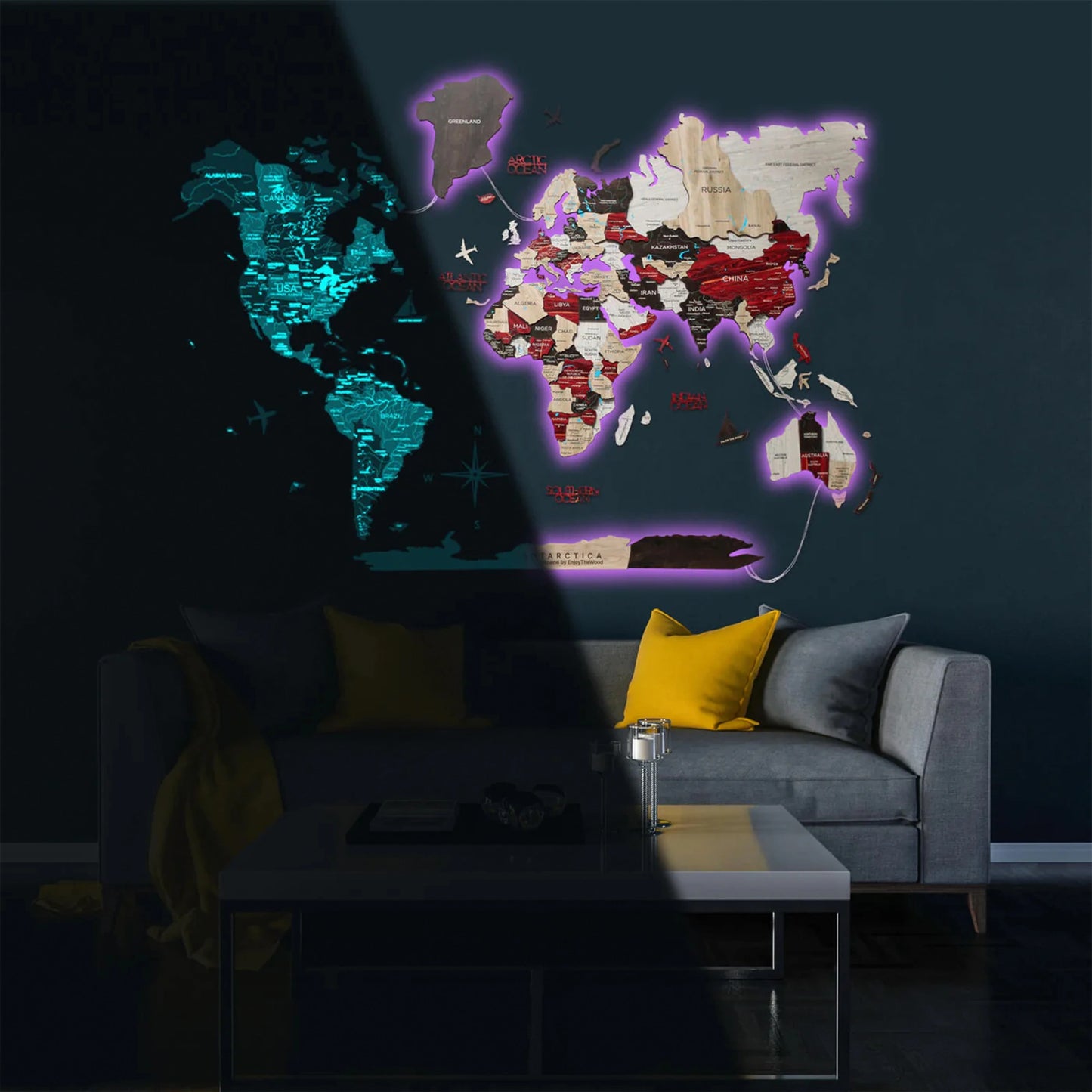 LED Wooden World Map Urban - Stylish illuminated decor for schools and workspaces.