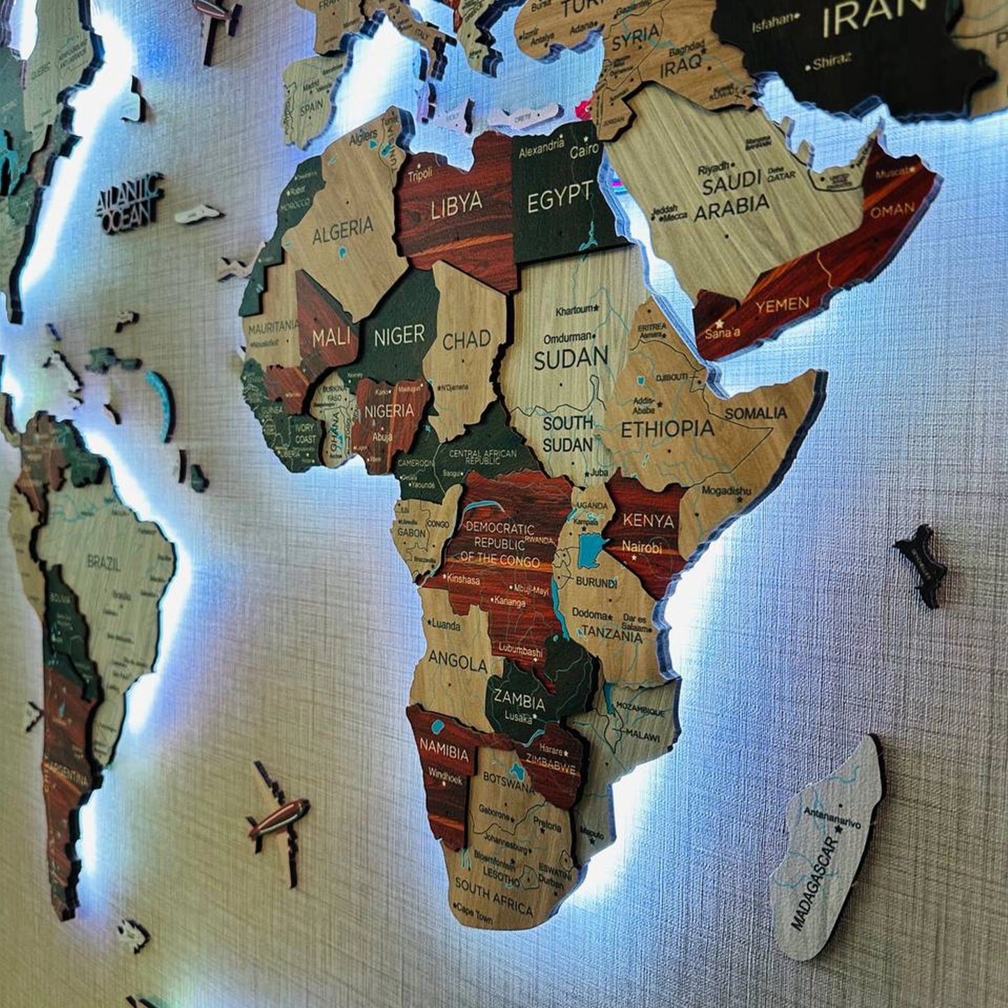 Urban LED Wooden World Map - Premium glowing decor for nurseries and kindergartens.