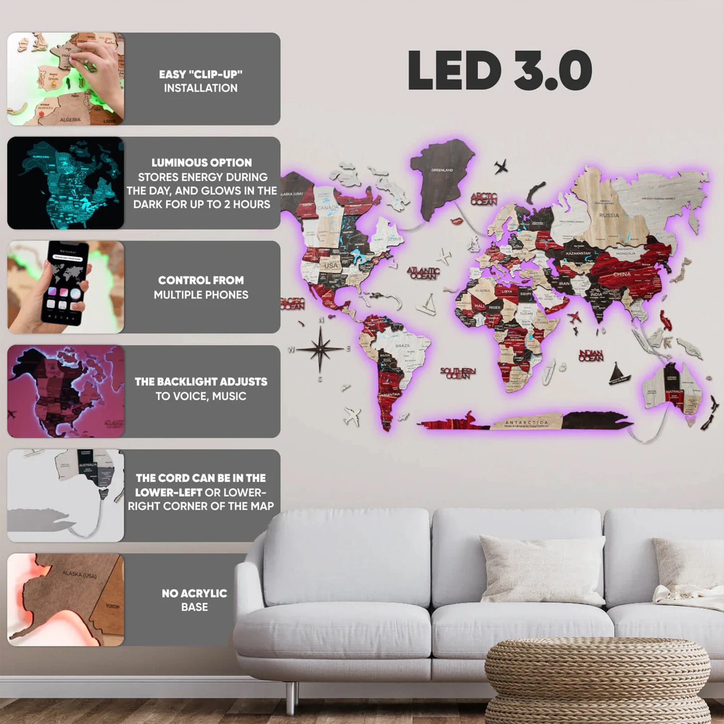 LED Wooden World Map Urban - Vibrant glowing decor for GCC spaces.