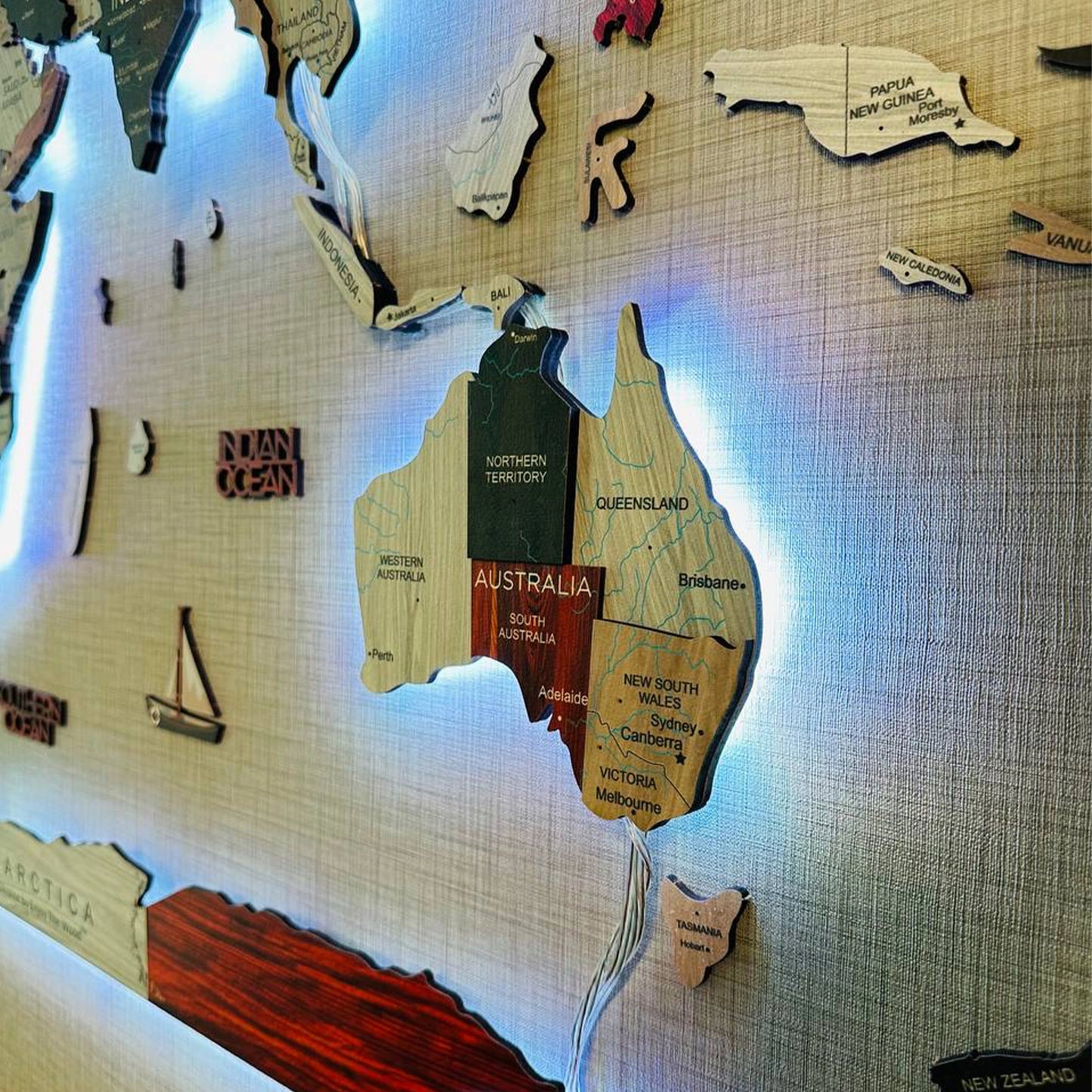 3D Wooden World Map Urban - Premium illuminated decor for modern offices.