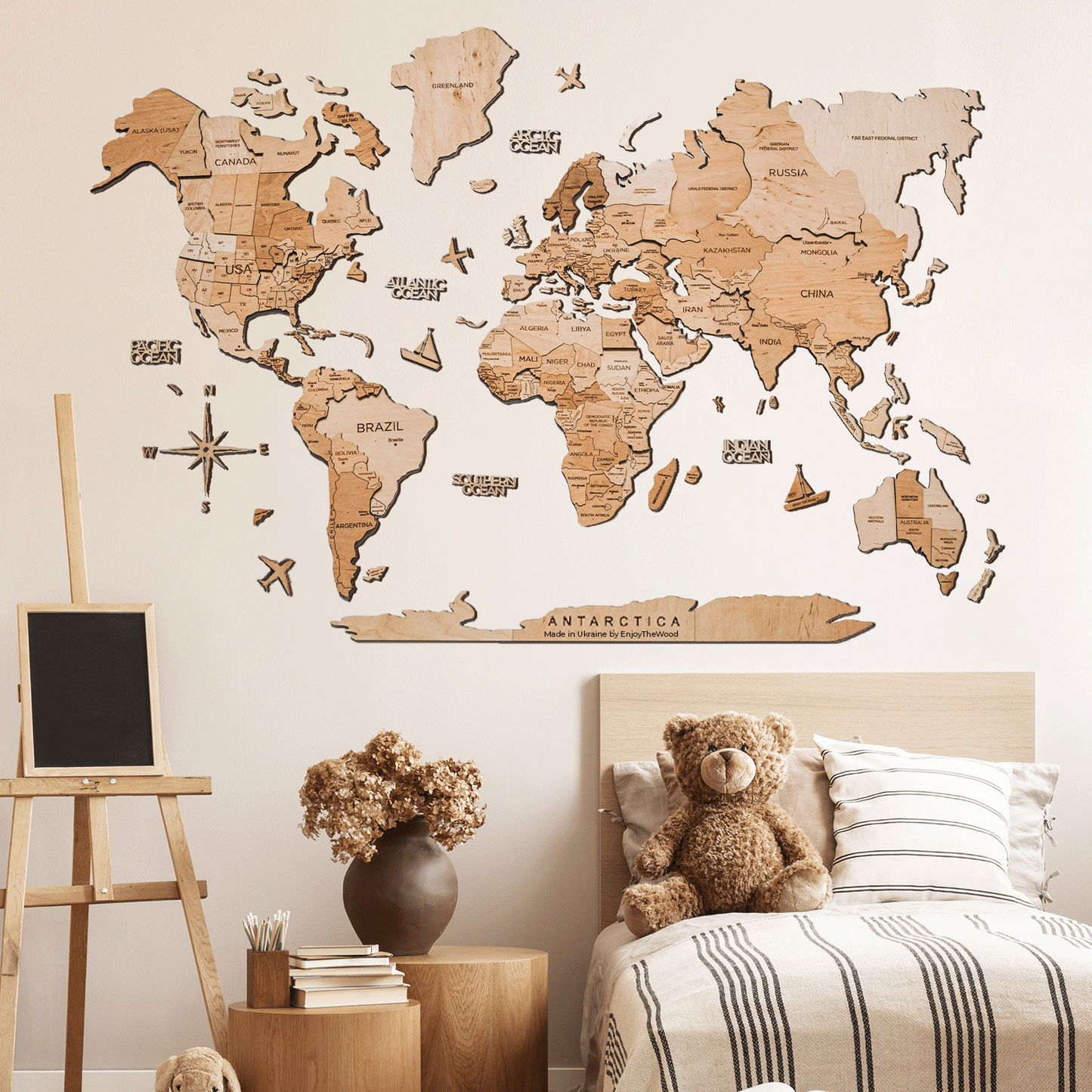 Light color 3D wooden world map – elegant handmade wall art, perfect gift for travelers in UAE and GCC