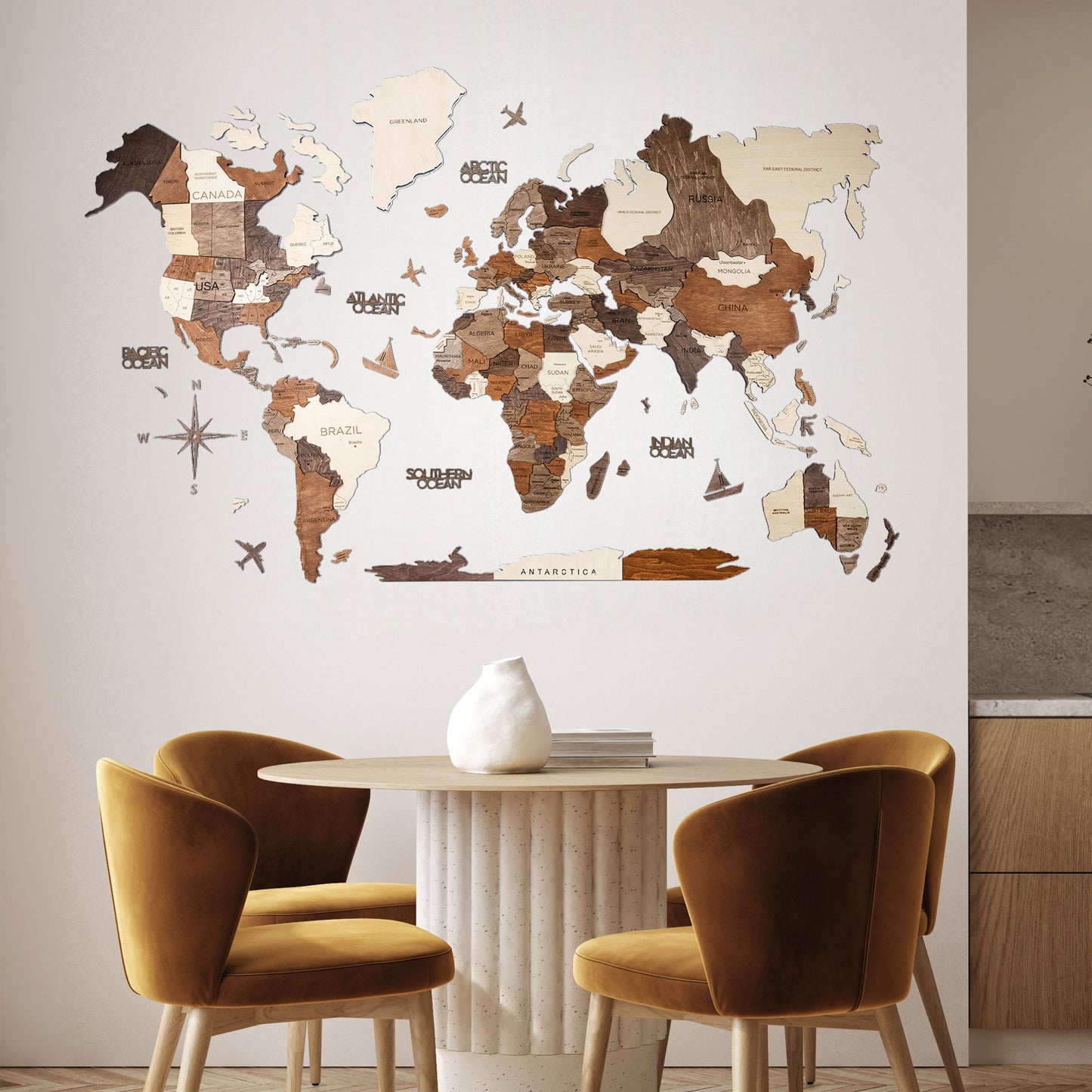 3D Wooden World Map in multicolor – premium handcrafted wall décor for homes and offices in UAE and GCC