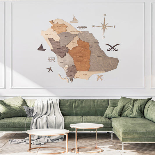 3D Wooden Saudi Arabia Map Multicolor - Vibrant wall art for Saudi homes and offices.