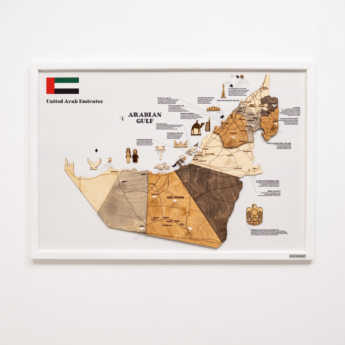 Multicolor UAE wooden wall map on white panel – premium handmade décor in UAE