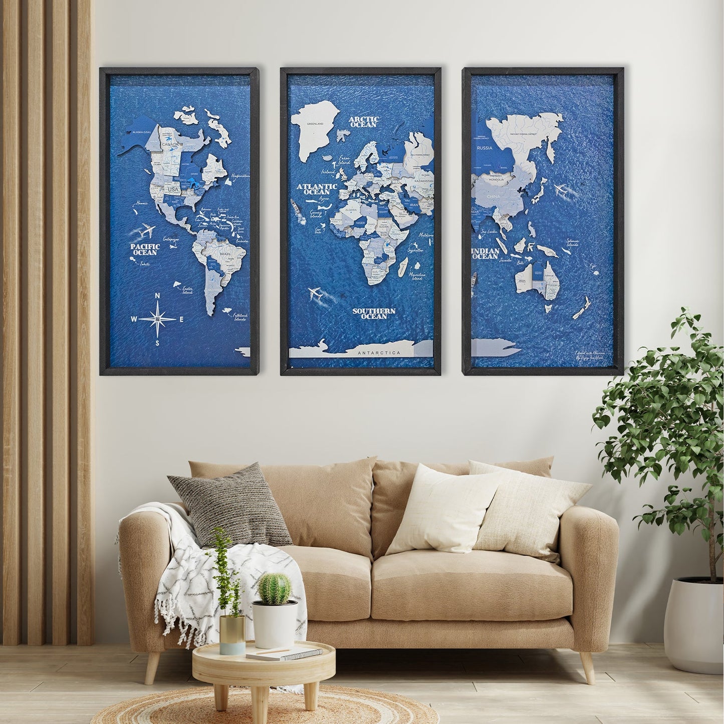 Wooden World Map on Triptych Panels - Aqua Ocean