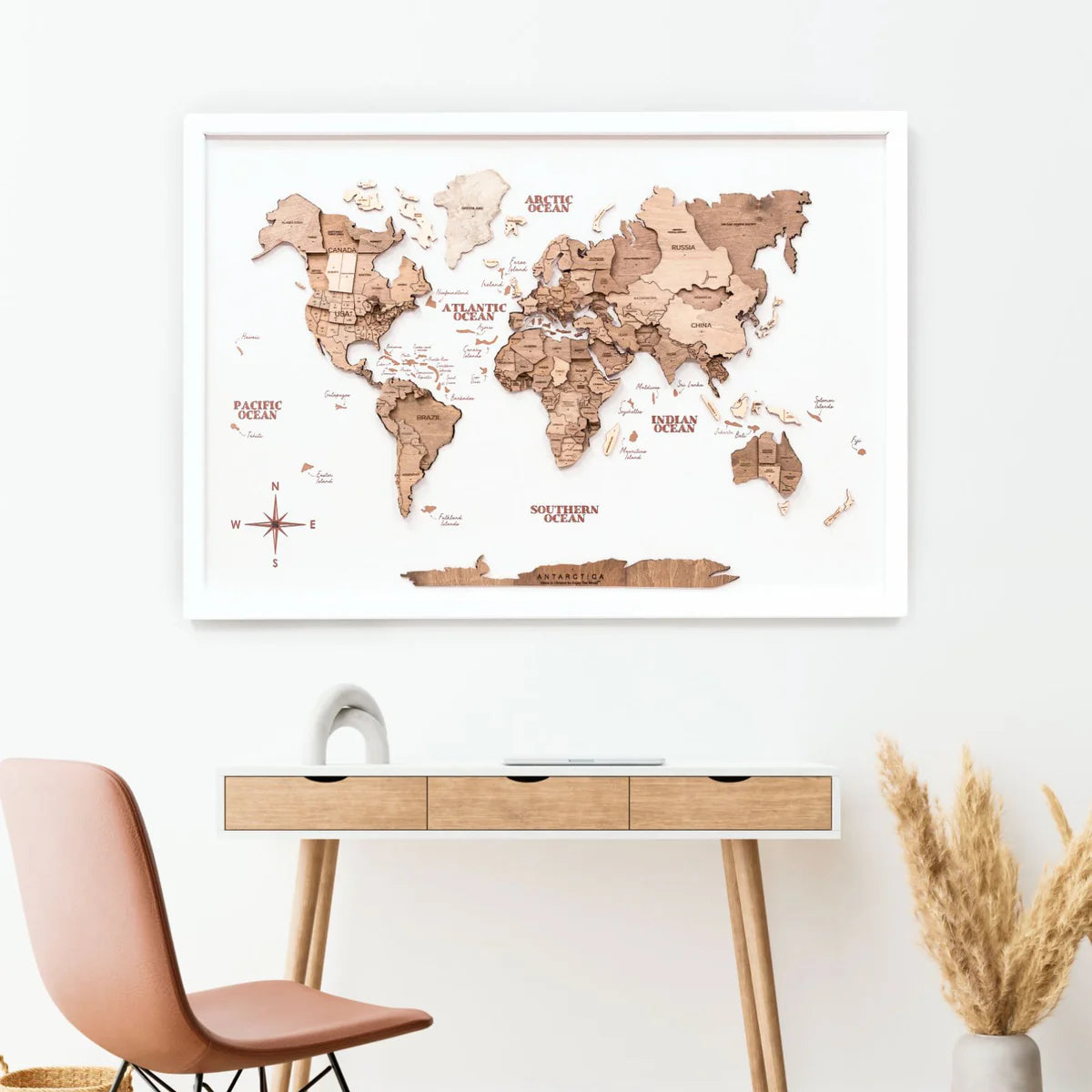 Bright multicolor white panel wooden world map – premium handmade wall art