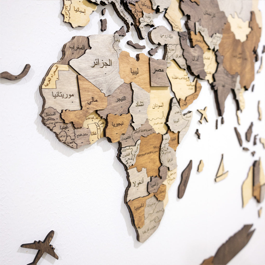 Discover the 3D World Map in Arabic Texture - A Multicolor Design Perfect for UAE, KSA, and GCC Homes
