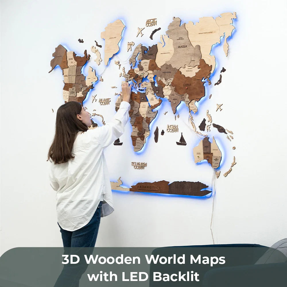 3D Wooden World Map with LED Backlit - Premium Wall Decor & Gift, Handcrafted & Eco-Friendly with Custom Lighting Options