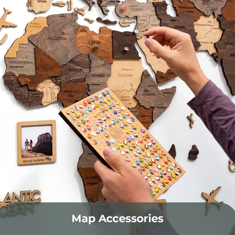 World Map Accessories - Custom Pins, Flags, and Frames for Wooden World Maps, Perfect for Travel-Inspired Wall Decor