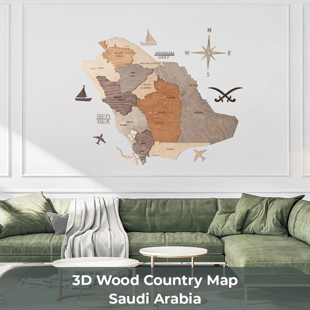 Saudi Arabia 3D Wooden Map 🇸🇦 - Premium Wall Decor for Homes, Offices & Gifts, Handcrafted with Eco-Friendly Materials