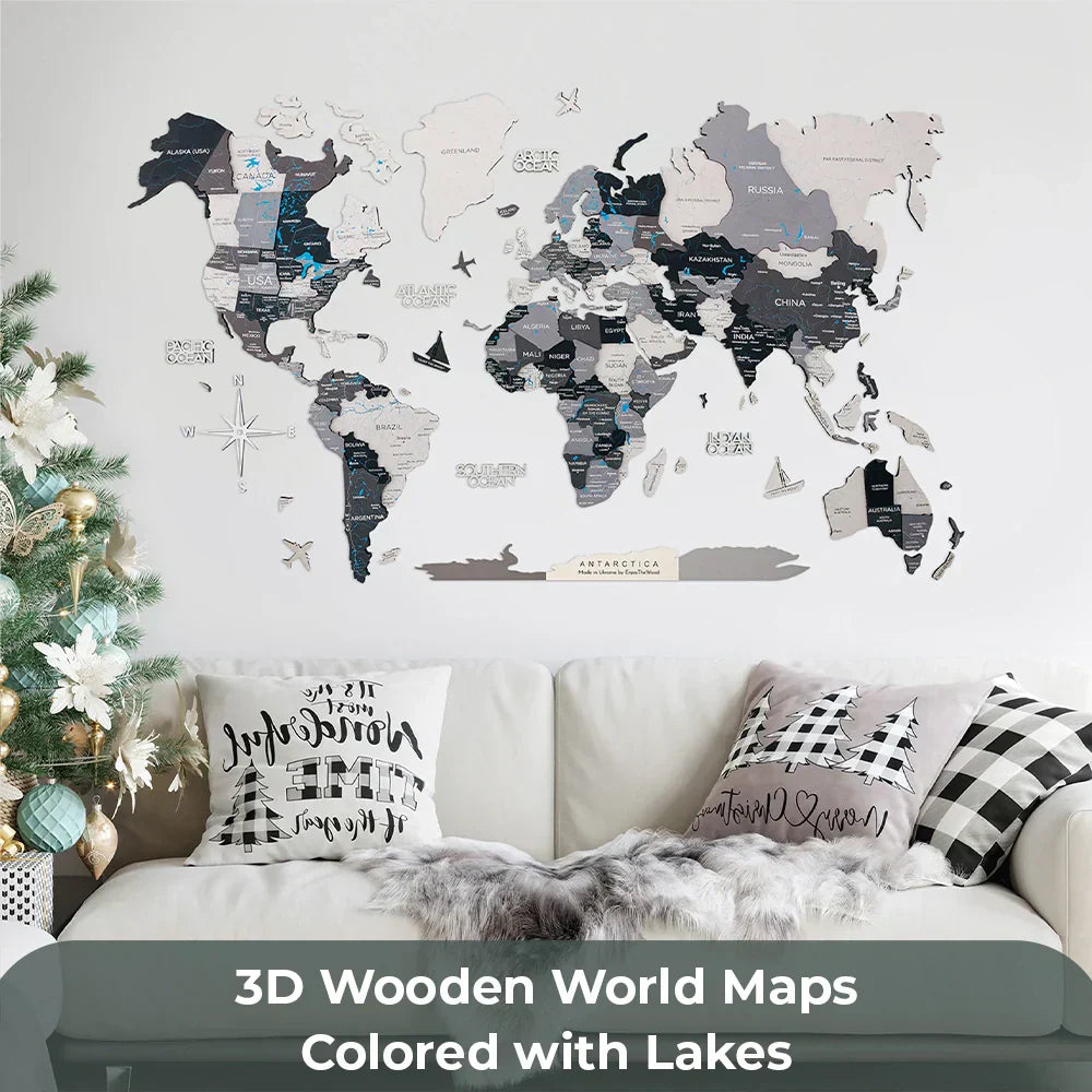 3D Wooden World Map with Lakes & Rivers – Premium colored wooden wall décor with engraved water details. Perfect for homes & offices in Saudi Arabia, Qatar, Oman, Bahrain & Kuwait.