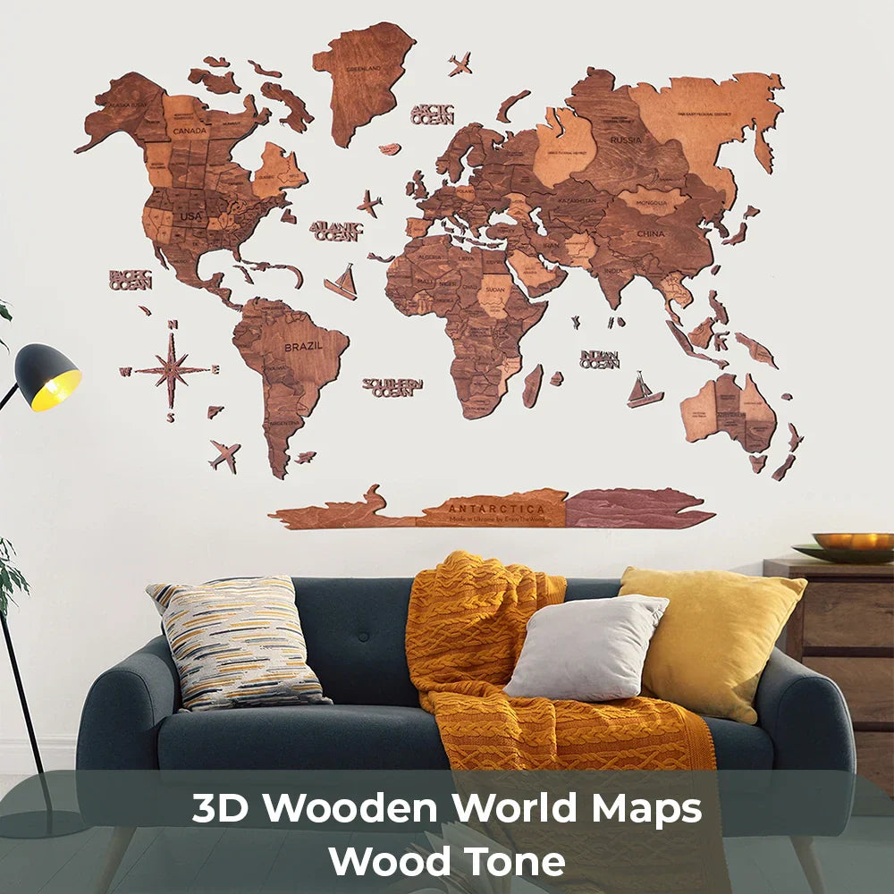 3D Wooden World Map | Wood Tone - Handcrafted Wall Decor & Unique Gift, Eco-Friendly & Customizable