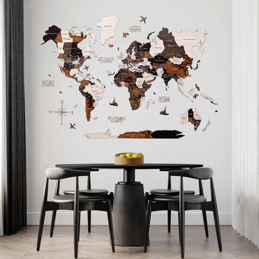 World map wall decal in a dining room with a table and chairs.