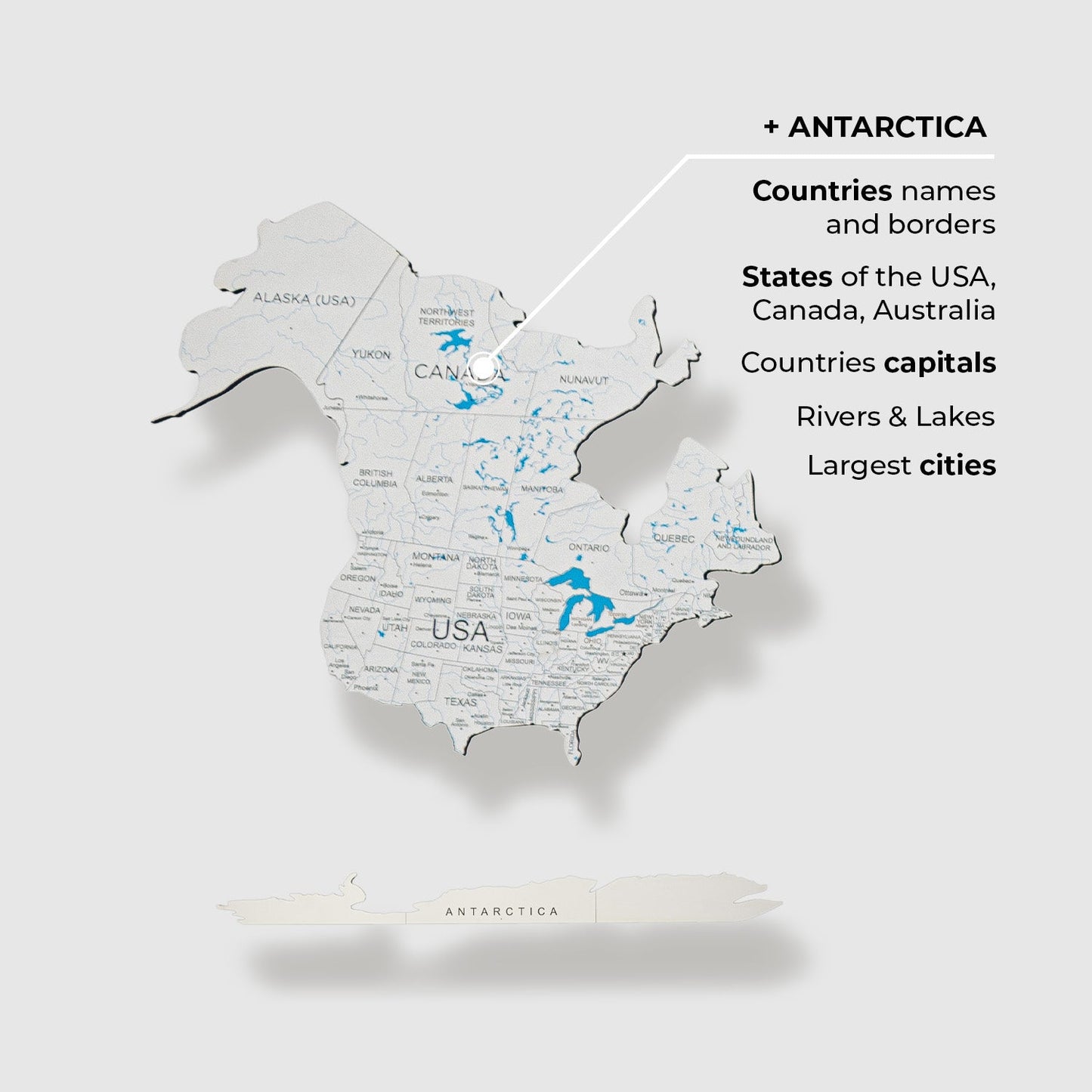 White Wooden Map - Modern wall decor for living rooms or offices during the holidays.