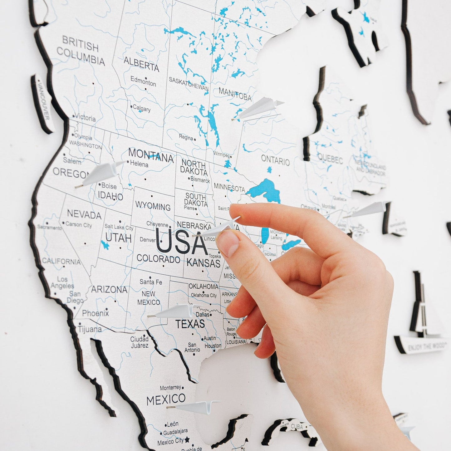 Wood Map in White - Stylish decoration for active travelers this Christmas season.