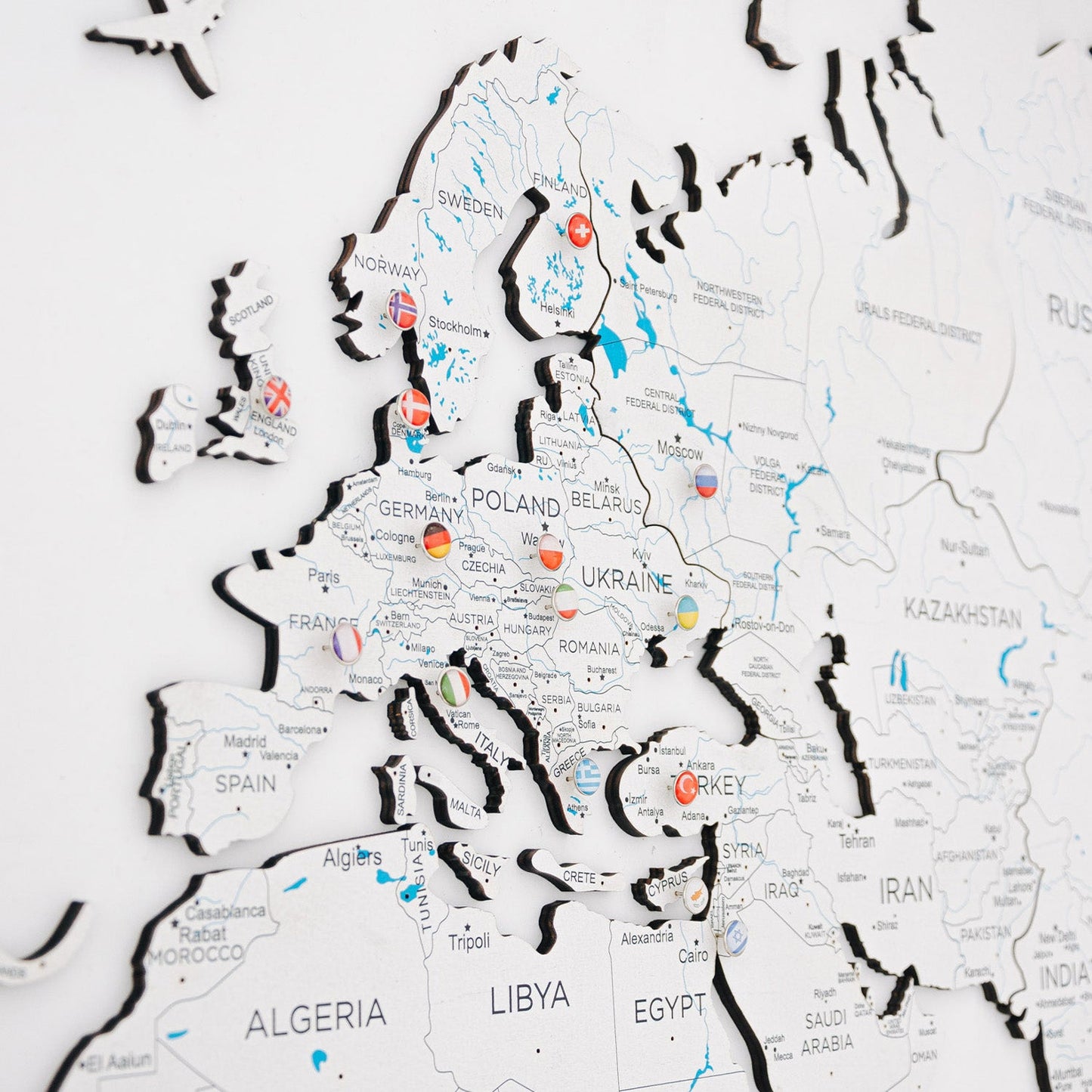White Wood Map - Sophisticated decoration for marking travel memories. Free UAE shipping.