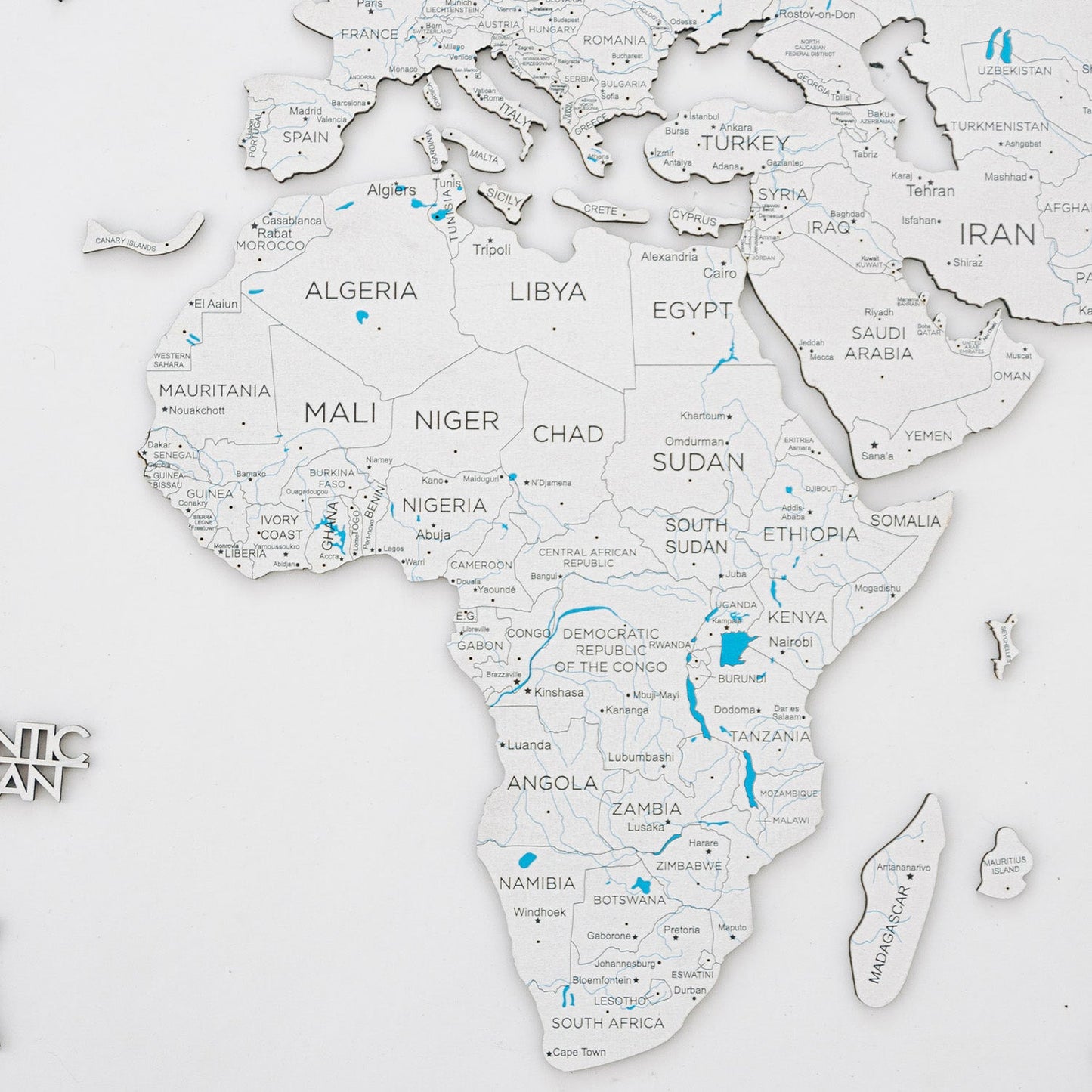 White Wooden World Map - Elegant wall art for holiday gifting in Qatar, Bahrain, and Kuwait.