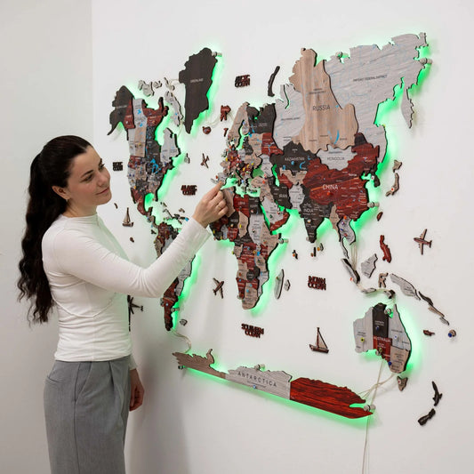 3D Wooden World Map LED 3.0 Urban - Unique illuminated wall decor for schools and offices.