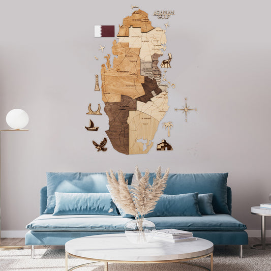 3D Wooden Map of Qatar in multicolor – unique wall décor and gift for GCC homes