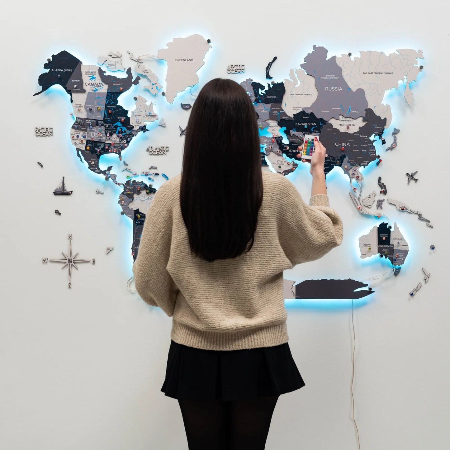 3D Wooden World Map LED - Nordik