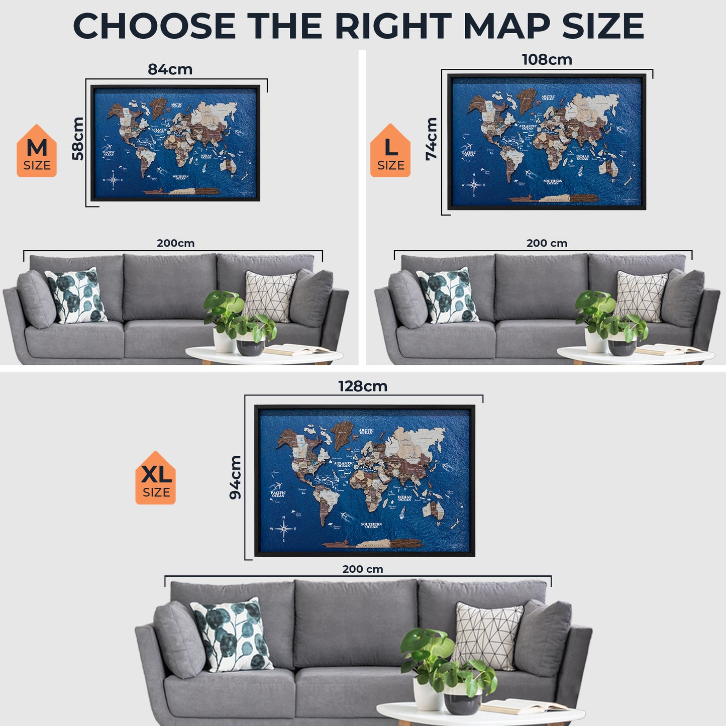 3D Wooden World Map on Panel - Cappuccino Ocean
