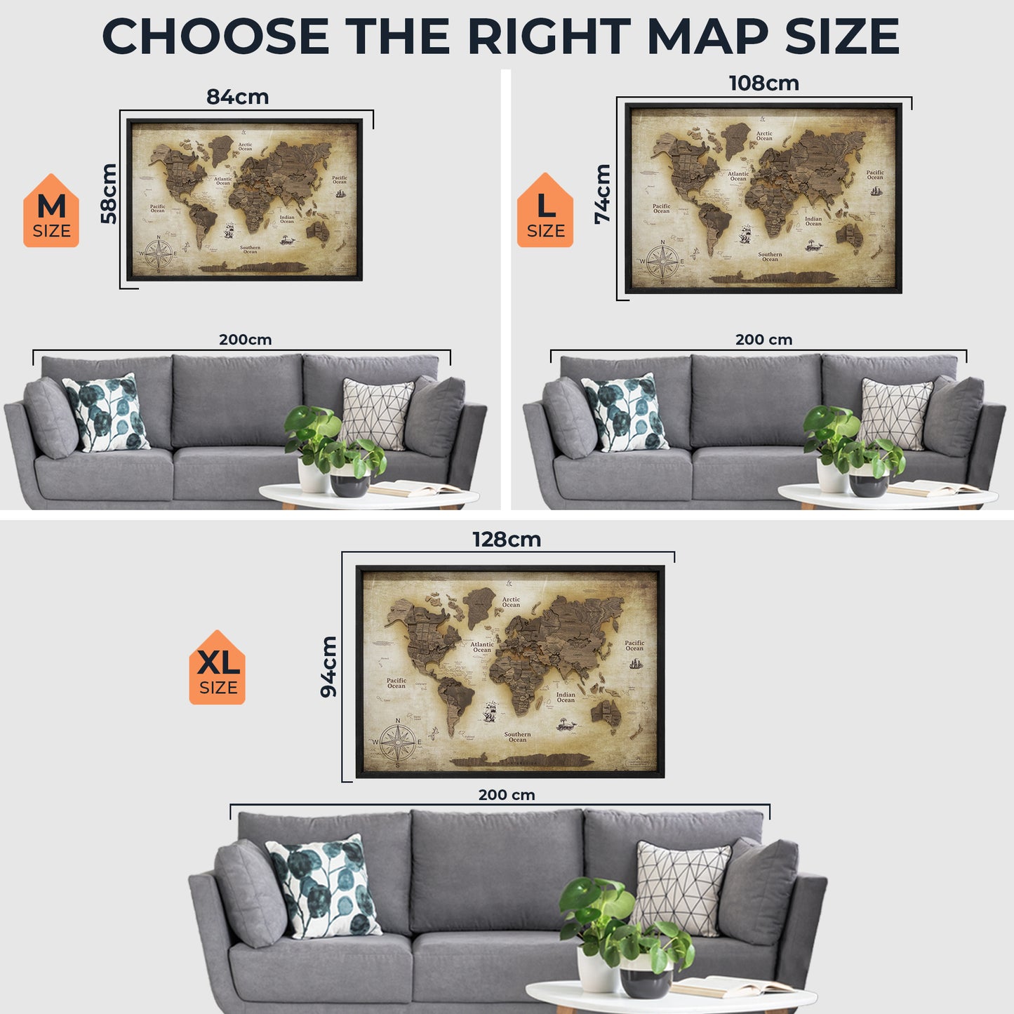 3D Wooden World Map on Panel - Dark Walnut Vintage