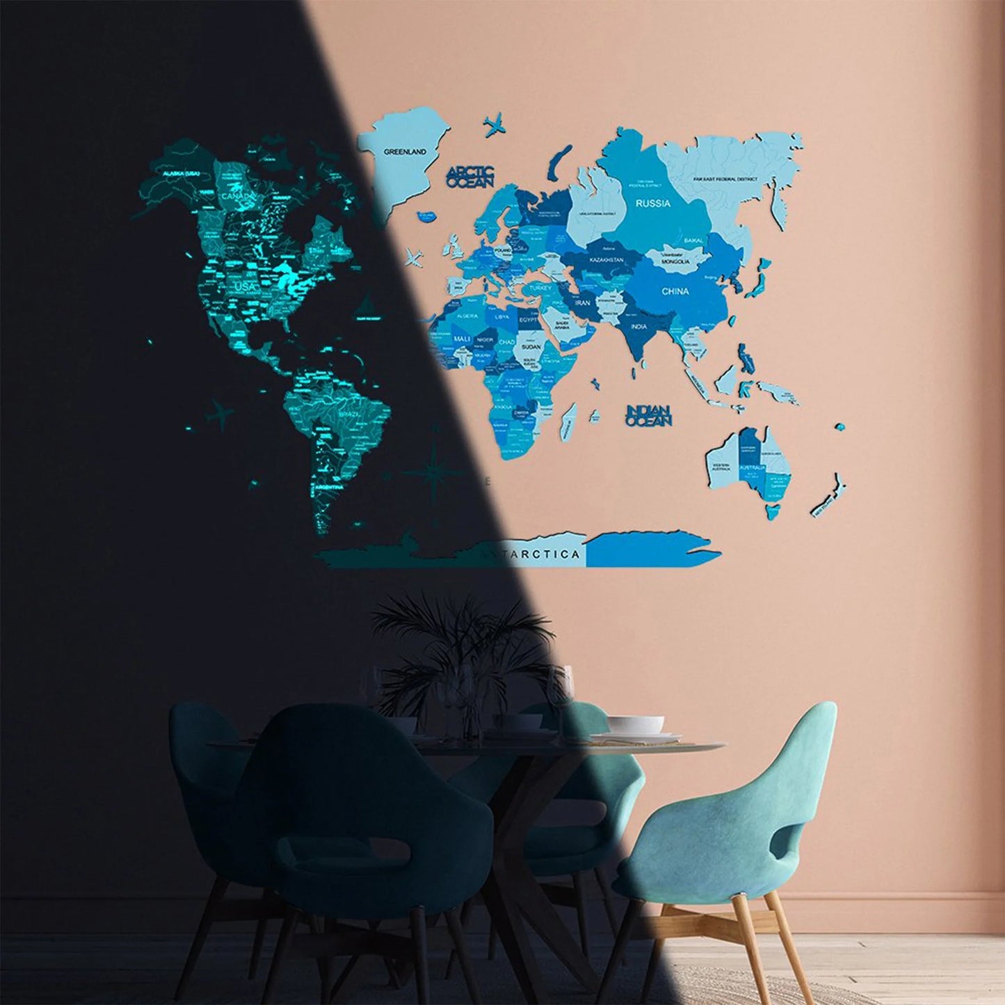 3D Luminous Wooden World Map Azure - Unique glowing wall decor for travel enthusiasts.