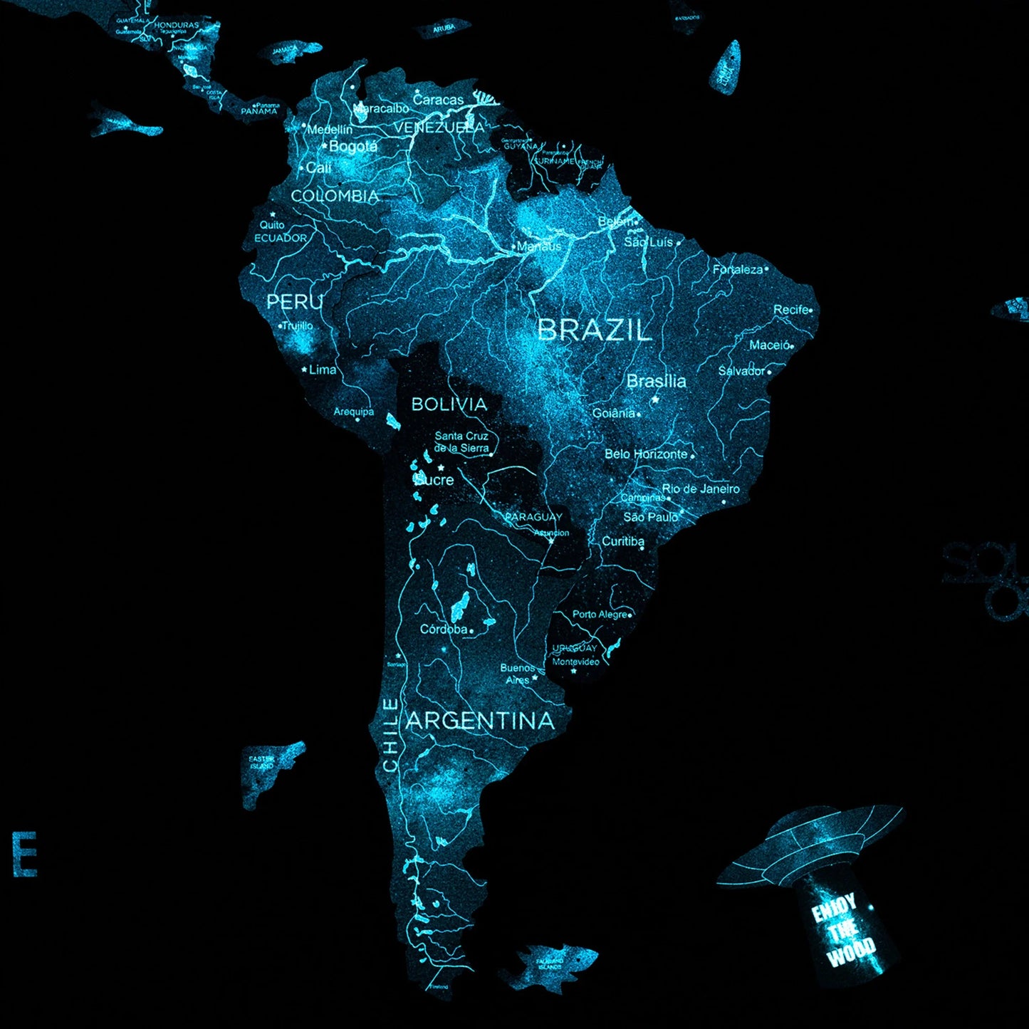 Azure Luminous Wooden World Map - Glows in the dark, perfect for creative interiors.